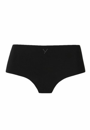 Sorte hipster underbukser lavet af blødt stof, med en glat finish og et lille dekorativt logo på forsiden. Ingen synlige sømme.