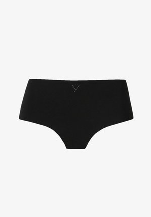 Black hipster underwear made of soft fabric, featuring a smooth finish and a small decorative logo at the front. No visible seams.