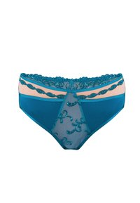 Bielizna w kolorze teal, z przezroczystą siateczką z przodu, koronkowym wykończeniem, wirującym haftem i jednolitymi bokami.