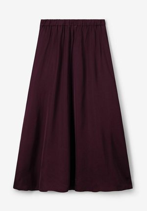 Jupe longue violette foncée à taille élastique et silhouette A-line ample sur fond blanc.