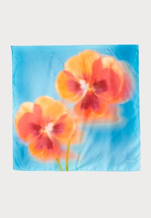 Silk scarf featuring a blue background with orange and pink floral patterns. Edges are neatly finished, with brand logo at the bottom right.