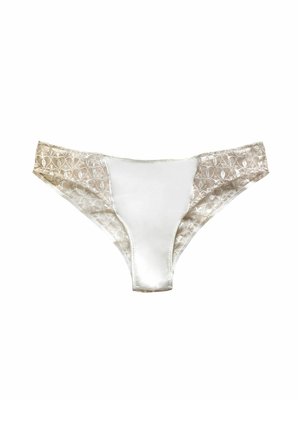 Lace and satin thong in cream and beige. Features a satin front panel and lace detailing on the sides with a floral pattern.
