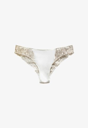 Lace and satin thong in cream and beige. Features a satin front panel and lace detailing on the sides with a floral pattern.