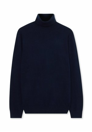 Maglione a collo alto navy realizzato in tessuto morbido, con maniche lunghe, taglio dritto e dettaglio a coste sul collo. Senza modelli o abbellimenti.