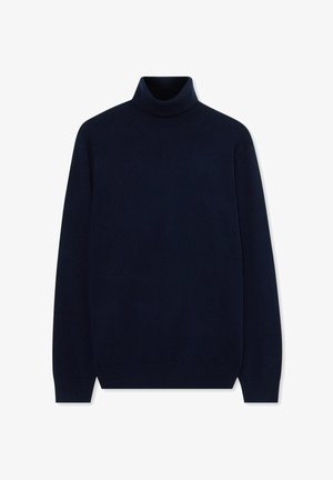 Maglione a collo alto navy realizzato in tessuto morbido, con maniche lunghe, taglio dritto e dettaglio a coste sul collo. Senza modelli o abbellimenti.