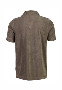 Kortärmad pikétröja i mjuk olivgrön tyg, med en klassisk krage och slät struktur, baksidan visar inga ytterligare detaljer.