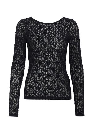 Top in pizzo nero a maniche lunghe con scollatura a barca e motivi floreali intricati, caratterizzato da una texture trasparente e una silhouette aderente.