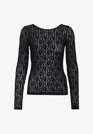 Černý krajkový top s dlouhým rukávem a kulatým výstřihem, zdobený složitými květinovými vzory, s průhlednou texturou a přiléhavým střihem.