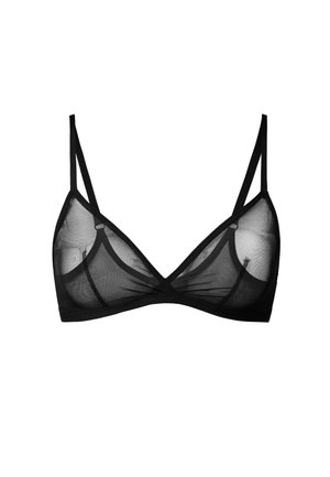 Zwarte driehoekige bralette gemaakt van doorschijnende mesh stof met dunne bandjes en een band. Heeft een V-vormig middenstuk en geen beugel.