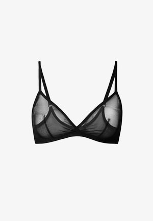 Bralette triangulaire noire en tissu en tulle transparent avec des fines bretelles et une bande. Présente un centre en forme de V et sans armature.