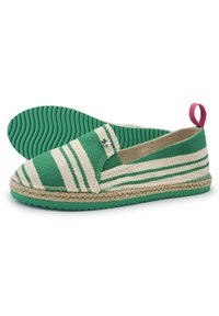 Green and white striped canvas slip-on shoes with a textured jute sole, rubber outsole, and a pink heel loop for easy wear.