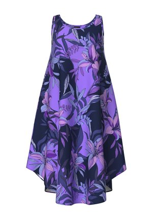 Ærmeløs A-line kjole med lilla og marineblåt blomsterprint, med liljer og blade på et let og flydende stof.