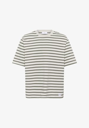 Katoenen T-shirt met groene en witte horizontale strepen, korte mouwen, ronde hals en een klein label aan de onderkant aan de linkerkant.