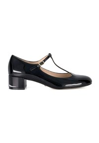 Chaussures Mary Jane en cuir verni noir avec un bout rond, une bride T et un petit talon carré. Présente une boucle dorée en accent.