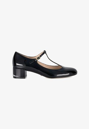 Zwarte lakleren Mary Jane-schoenen met een ronde neus, een T-band en een lage blokhak. Voorzien van een gouden gespaccent.
