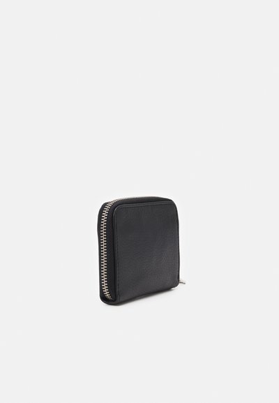 Black leather wallet with a textured finish, featuring a silver zipper along the edge. Compact square design with minimal detailing.