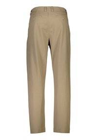 Pantaloni beige con una superficie liscia, taglio dritto e una vita con passanti per la cintura. Due tasche posteriori con bottoni.