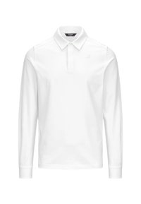 Polo a maniche lunghe in bianco, caratterizzato da un colletto classico, una chiusura con bottoni e un discreto logo sul petto. Tessuto dalla texture liscia.