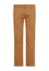 Braune Chinos aus einem Baumwollmischgewebe, mit geradem Schnitt, Fronttaschen und einem Knopfverschluss. Geschmeidige Textur mit matter Oberfläche.