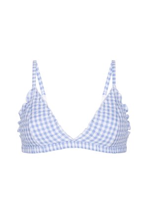 Blauer und weißer Gingham-Muster-BH aus weichem Stoff mit verstellbaren Schulterriemen und gerafften Kanten auf weißem Hintergrund.