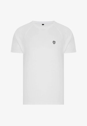 Hvid kortærmet t-shirt med rund halsudskæring, prydet med et lille sort logo på brystet og en glat, let stofstruktur.