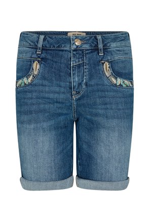 Blå denimshorts med op-rullede manchetter, knap og lynlås foran samt palietmønster på forlommerne.