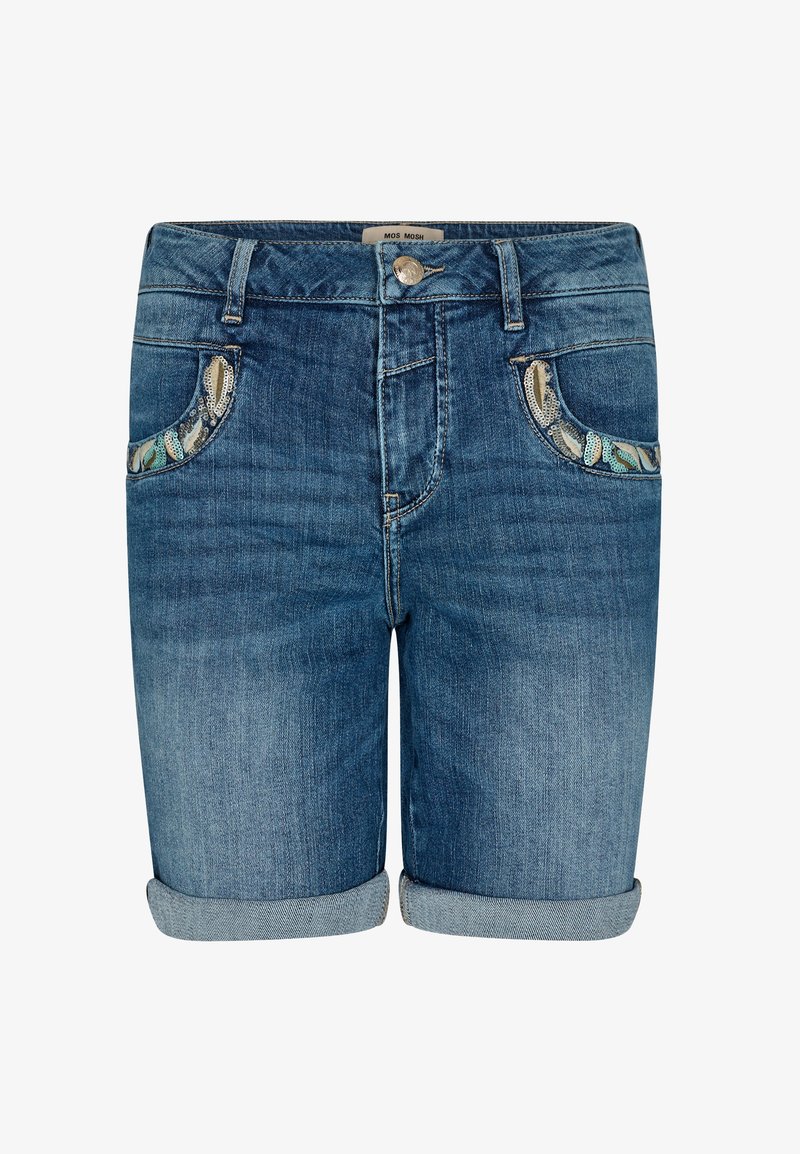 Short en jean bleu avec revers roulés, bouton et fermeture éclair à l'avant, et bordure ornée de sequins sur les poches avant.