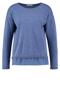 Blue long-sleeve sweatshirt with a textured knit upper and a smooth lower layer, featuring a round neckline and subtle side stitching accents.