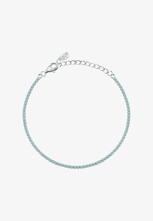 Silbernes Gliederarmband mit hellblauen Edelsteinen, Karabinerverschluss, verstellbaren Gliedern und einem kleinen Anhänger mit Gravur "LA PETITE STORY".