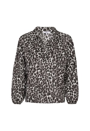 Een shirt met luipaardprint, voorzien van een kraag, lange mouwen en een relaxte pasvorm, gemaakt van lichtgewicht stof in grijs en witte tinten.
