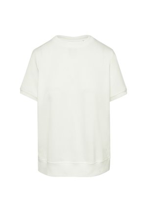 Jasno beżowa koszulka z krótkim rękawem, wykonana z miękkiej bawełny, z klasycznym okrągłym dekoltem i luźnym krojem z detalami w ściągaczu na dolnym końcu.