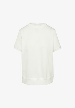 Hellbeige T-Shirt mit kurzen Ärmeln aus weicher Baumwolle, mit klassischem Rundhalsausschnitt und lockerer Passform sowie gerippten Saumdetails.