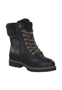 Botte chelsea en cuir noir avec un revers en fausse fourrure, fermeture éclair avant et lacets bruns contrastants. Présente une finition texturée et une semelle robuste pour une meilleure adhérence.