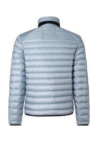 Padded jacket in light blue, featuring horizontal quilted design, high collar, and contrasting black hem and sleeve accents.
