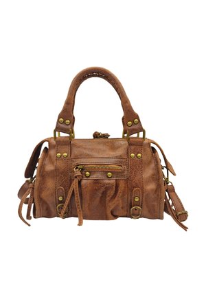 Petit sac à main en cuir marron avec poignées supérieures, poche avant zippée, ferrures en laiton et sangles latérales réglables.