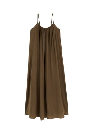 Robe sans manches, longueur cheville, en tissu vert olive. Présente un décolleté froncé et deux fines bretelles. Texture douce et design fluide.