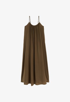 Robe sans manches, longueur cheville, en tissu vert olive. Présente un décolleté froncé et deux fines bretelles. Texture douce et design fluide.