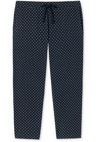 Marina loungebyxor med vita prickar, elastisk midja, dragsko och två sidofickor. Mjuk, stretchig tyg för komfort.
