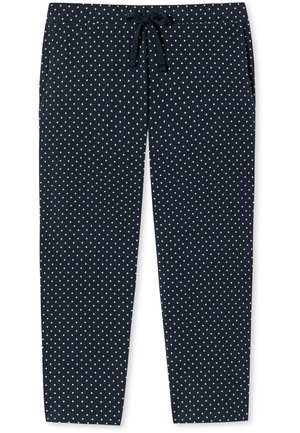 Marina loungebyxor med vita prickar, elastisk midja, dragsko och två sidofickor. Mjuk, stretchig tyg för komfort.