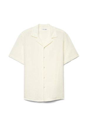 Camicia a maniche corte color avorio con bottoni, collo alla coreana e tessuto testurizzato, mostrata distesa su uno sfondo bianco.