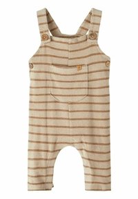 Beige Baumwolloverall mit horizontalen braunen Streifen, ausgestattet mit knöpfbaren Trägern und einer Vordertasche. Weicher Stoff und lässiges Design.