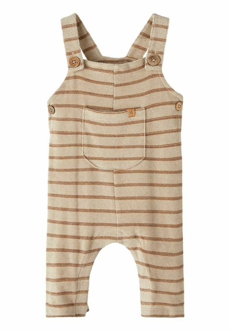 Beige Baumwolloverall mit horizontalen braunen Streifen, ausgestattet mit knöpfbaren Trägern und einer Vordertasche. Weicher Stoff und lässiges Design.