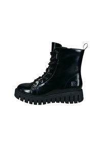 Schwarze Lackleder-Ankle Boots mit einer massiven Sohle, schnürbarem Vorderteil und einer Schlaufe an der Rückseite. Verfügt über eine strukturierte Oberfläche und robuste Ösen.