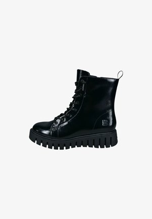Schwarze Lackleder-Ankle Boots mit einer massiven Sohle, schnürbarem Vorderteil und einer Schlaufe an der Rückseite. Verfügt über eine strukturierte Oberfläche und robuste Ösen.
