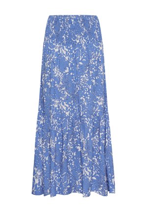 Gonna midi a fantasia floreale blu e bianca con vita arricciata e parte inferiore a balze e fluida.