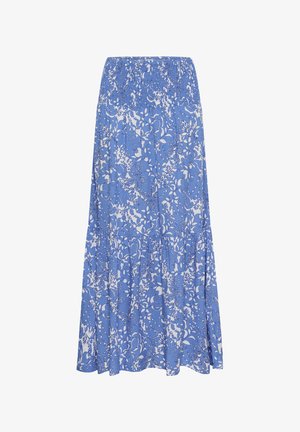 Gonna midi a fantasia floreale blu e bianca con vita arricciata e parte inferiore a balze e fluida.