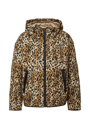 Gevoerde jas met een luipaardprint in bruin- en crèmekleuren, met een ritssluiting aan de voorkant, een capuchon en zwarte ritstasjes aan de zijkant.