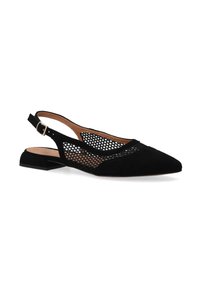 Black slingback flat shoe with suede and mesh design, pointed toe, and a small block heel. Buckle closure on the adjustable strap.