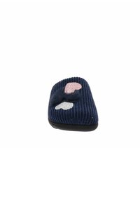 Pantofole in corduroy blu marino con tre applicazioni a forma di cuore in rosa, bianco e argento glitterato, dotate di una parte superiore morbida e testurizzata e suola nera.