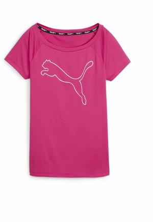 Fuksjowa sportowa koszulka z krótkim rękawem z białym konturem logo skaczącego kota na piersi i okrągłym dekoltem.